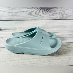 OOFOS Ooahh Mist Light Blue Teal Slip On Recovery Slides Sandals-Womens 8